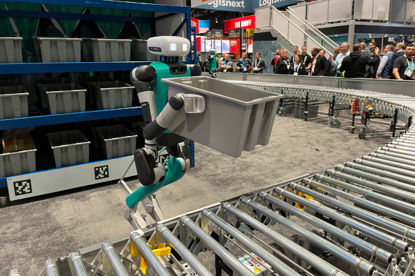 GXO Logistics will pilot Digit, a human-centric robot from Agility Robotics, in warehouse operations at a SPANX facility in Georgia. Here, Digit is seen demonstrating its capabilities during the ProMat conference in Chicago in March. 