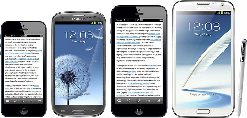 From left: iPhone 5, Galaxy S III, iPhone Plus mockup, Galaxy Note II.