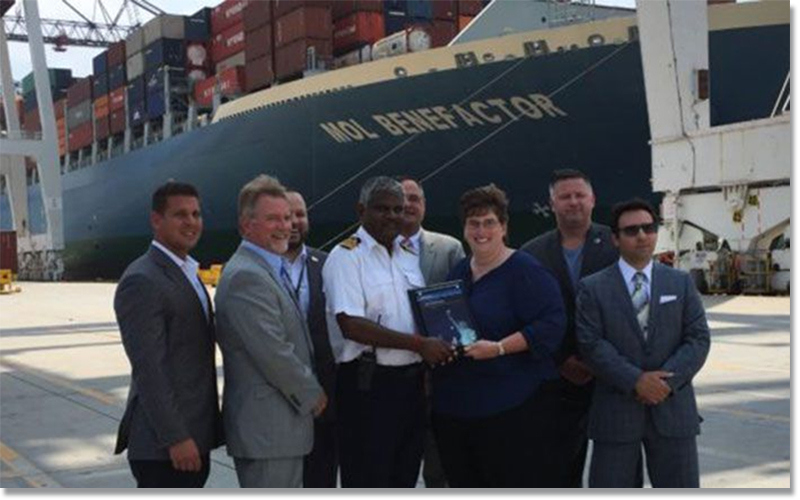 Port officials and employees of GCT USA today welcomed the captain and crew of the MOL Benefactor